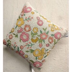 World Traveler pillow made in India beaded floral square accent garden NEW